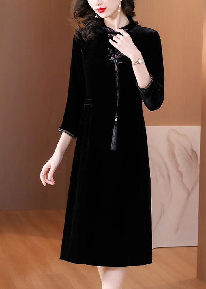 Classy Black Stand Collar Embroideried Floral Silk Velour Maxi Dress Fall