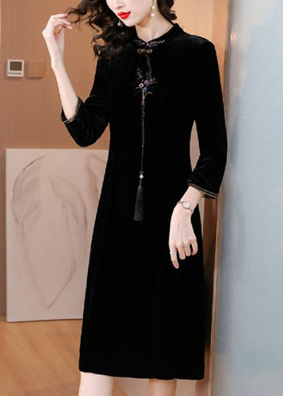 Classy Black Stand Collar Embroideried Floral Silk Velour Maxi Dress Fall