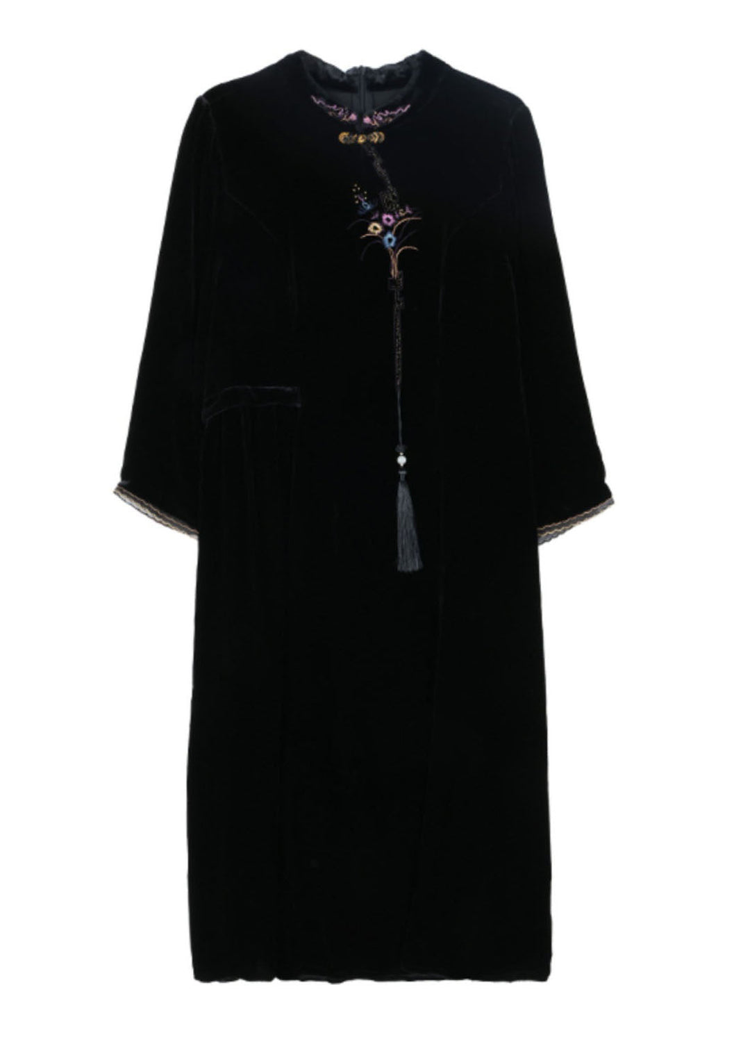 Classy Black Stand Collar Embroideried Floral Silk Velour Maxi Dress Fall