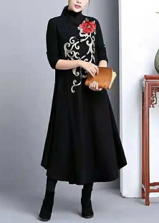 Classy Black Stand Collar Embroideried Patchwork Cotton Long Waistcoat Sleeveless