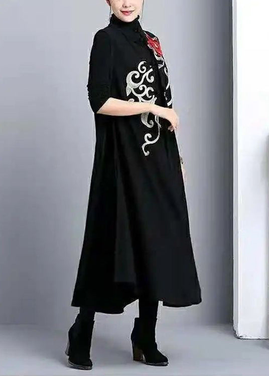 Classy Black Stand Collar Embroideried Patchwork Cotton Long Waistcoat Sleeveless