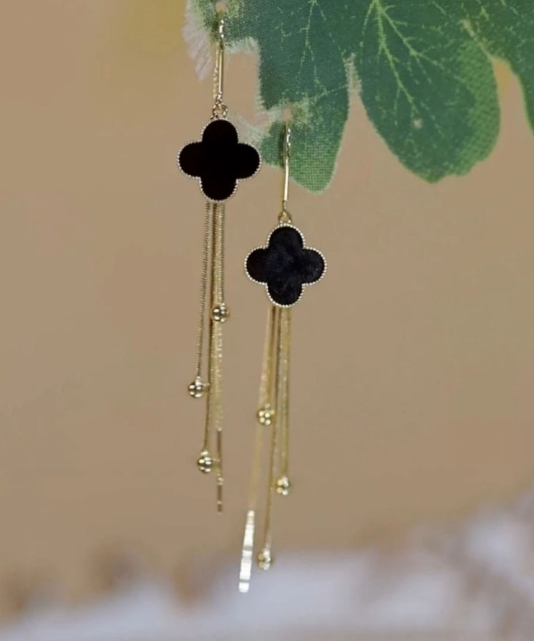 Classy Black Sterling Silver Black Agate Four Leaf Grass Tassel Drop Earrings