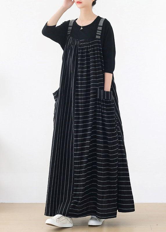 Classy Black Striped Pockets Carpenter Fall Linen Dress - Omychic
