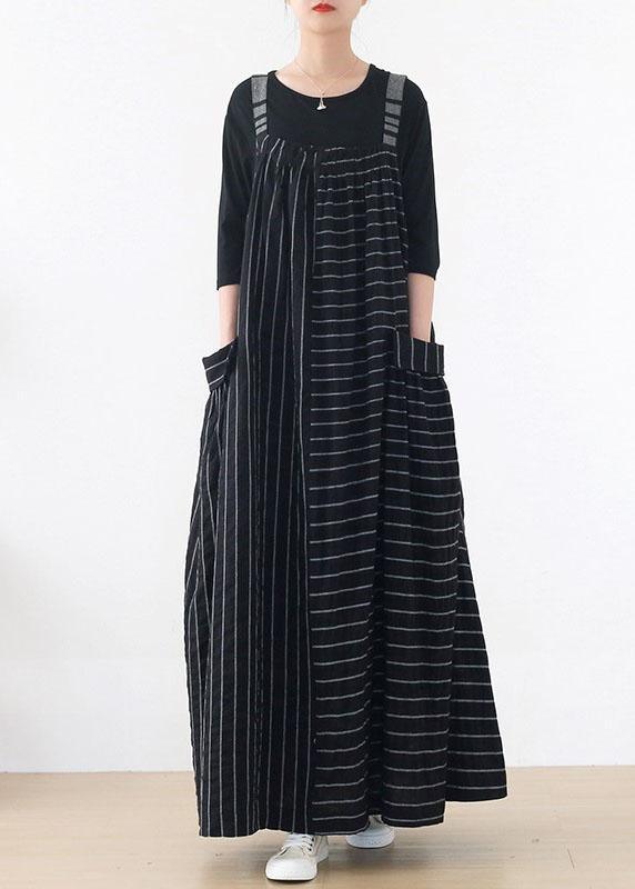 Classy Black Striped Pockets Carpenter Fall Linen Dress - Omychic