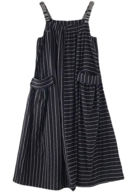 Classy Black Striped Pockets Carpenter Fall Linen Dress - Omychic