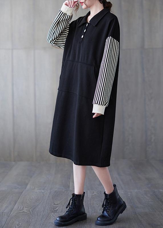 Classy Black Striped Tunic Lapel Patchwork Midi Dress - Omychic