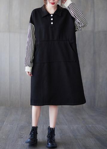 Classy Black Striped Tunic Lapel Patchwork Midi Dress - Omychic