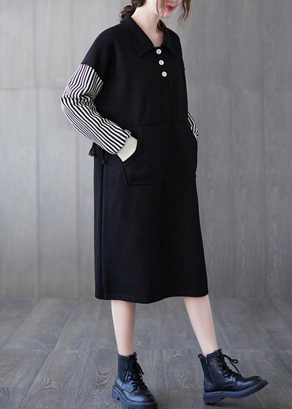 Classy Black Striped Tunic Lapel Patchwork Midi Dress - Omychic