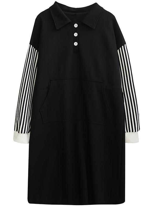 Classy Black Striped Tunic Lapel Patchwork Midi Dress - Omychic