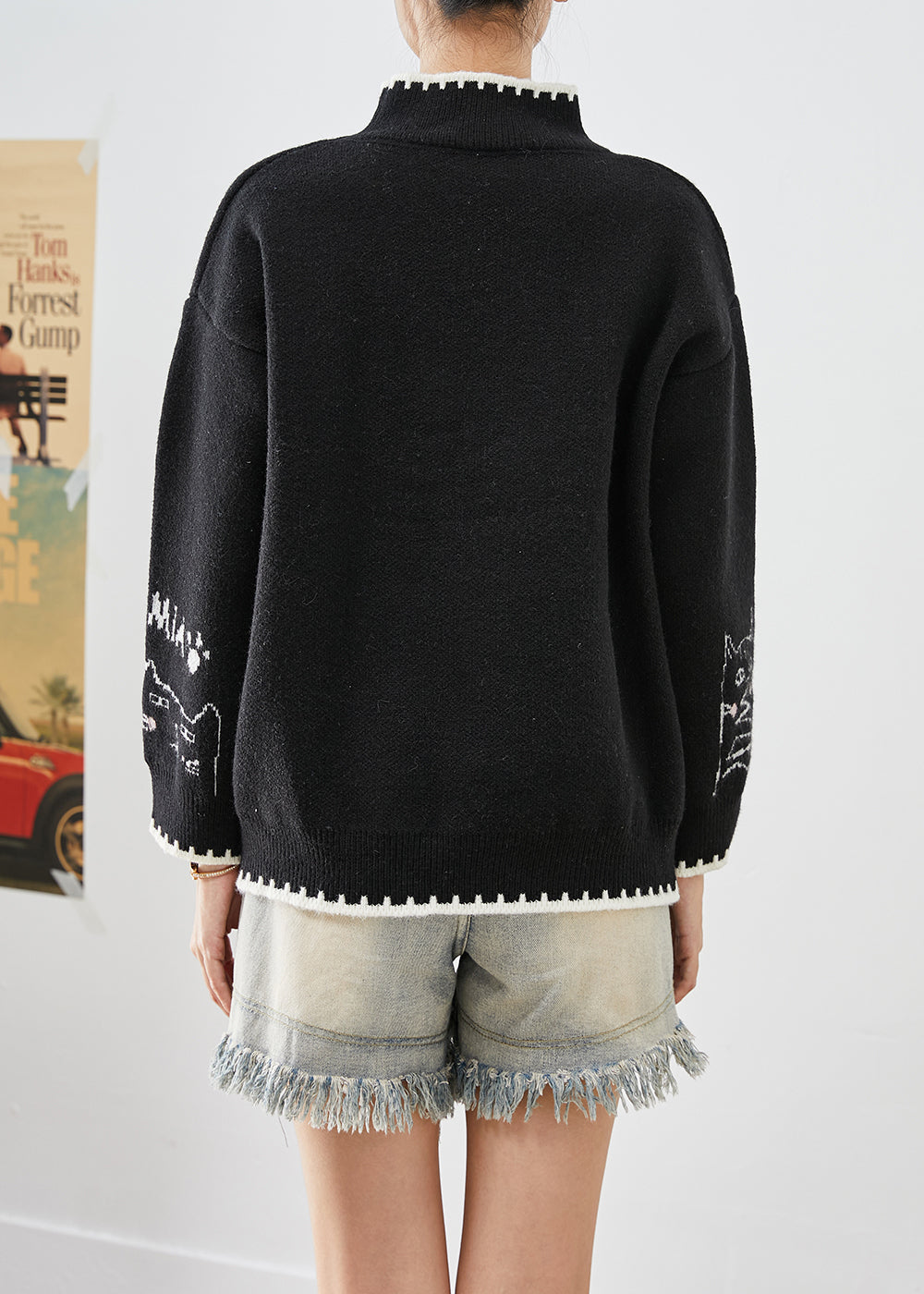 Classy Black Turtle Neck Print Knit Sweater Tops Fall