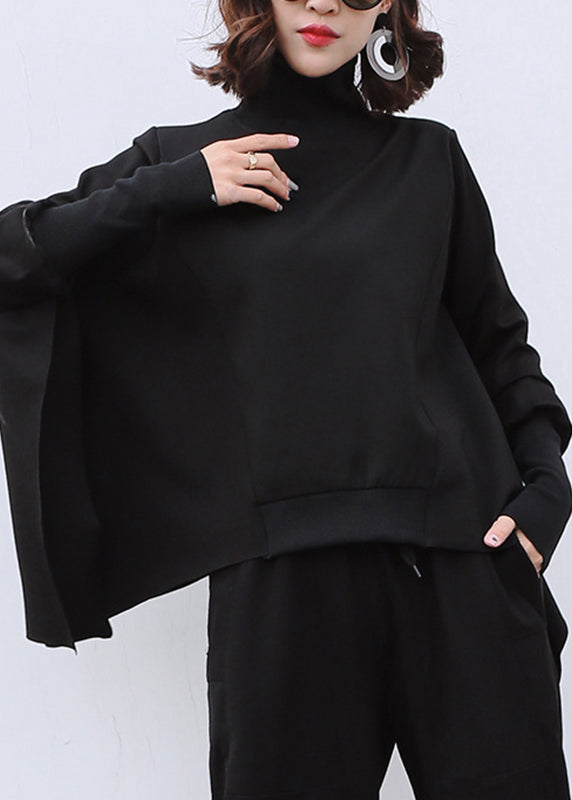 Classy Black Turtleneck Asymmetrical Patchwork Cotton Pullover Long Sleeve
