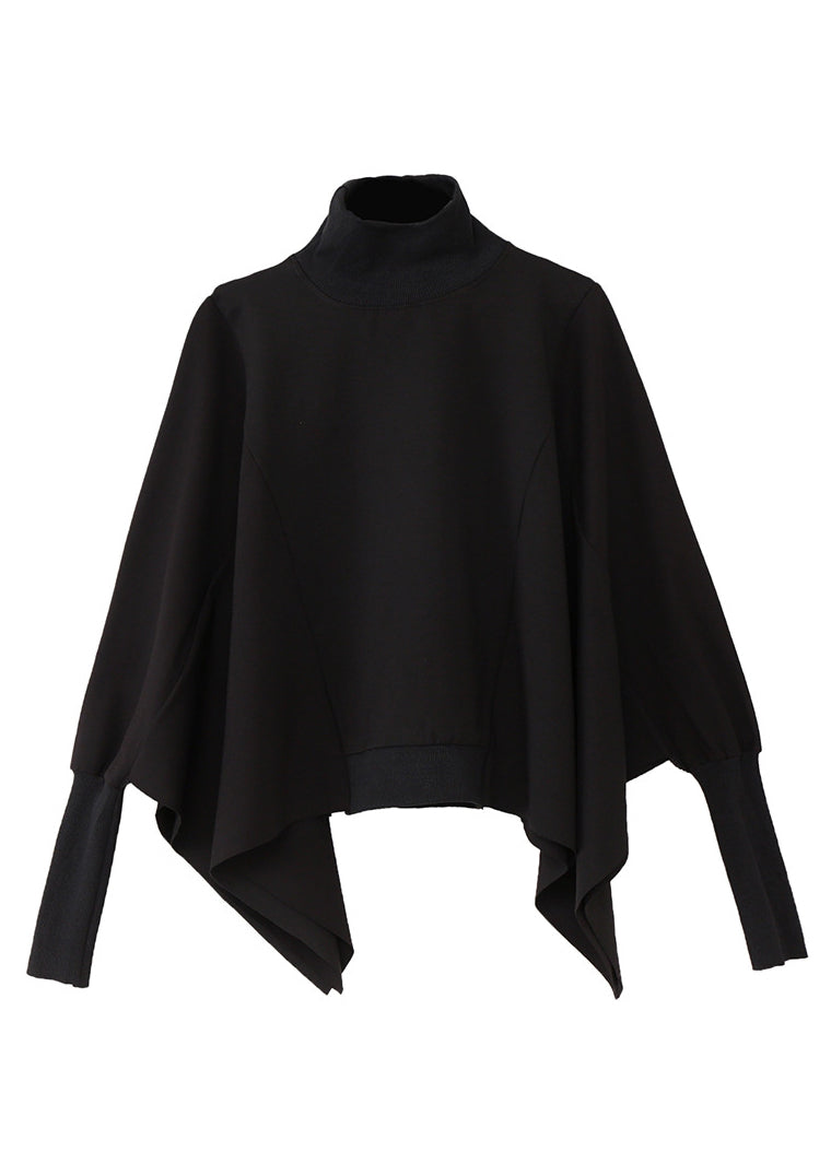 Classy Black Turtleneck Asymmetrical Patchwork Cotton Pullover Long Sleeve