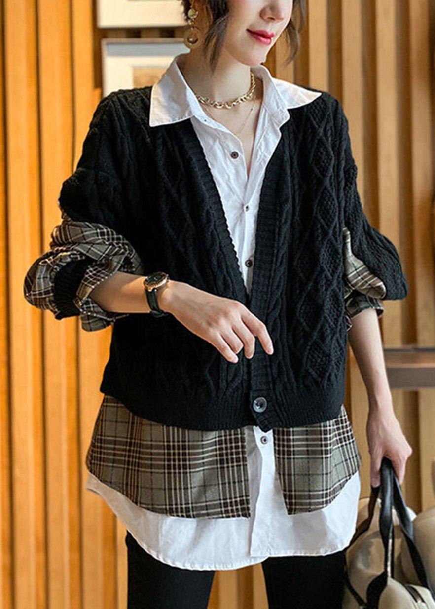 Classy Black V Neck Knit Patchwork Plaid Fall Wool Two Pieces Set - Omychic