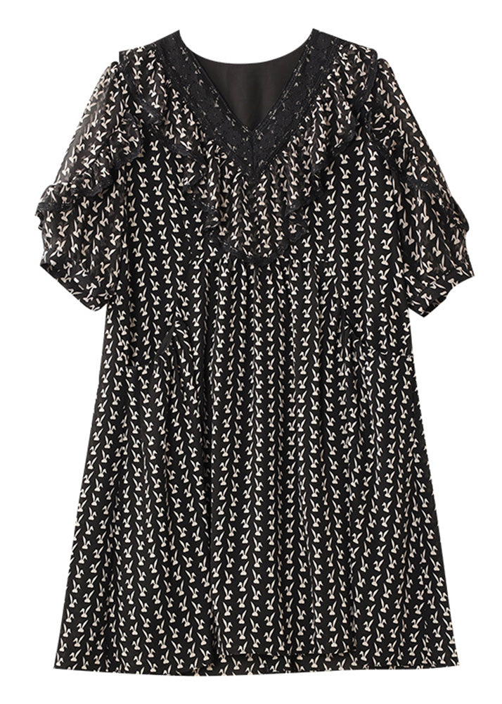 Classy Black V Neck Lace Patchwork Print Chiffon Mid Dress Short Sleeve