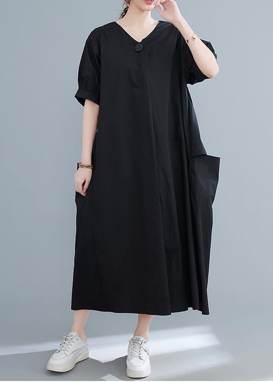 Classy Black V Neck Loose Mid Summer Cotton Dress - Omychic