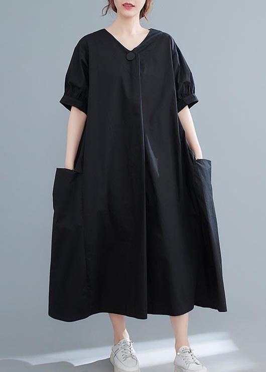 Classy Black V Neck Loose Mid Summer Cotton Dress - Omychic