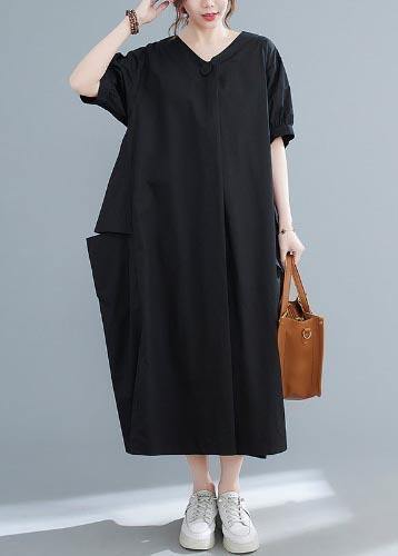 Classy Black V Neck Loose Mid Summer Cotton Dress - Omychic