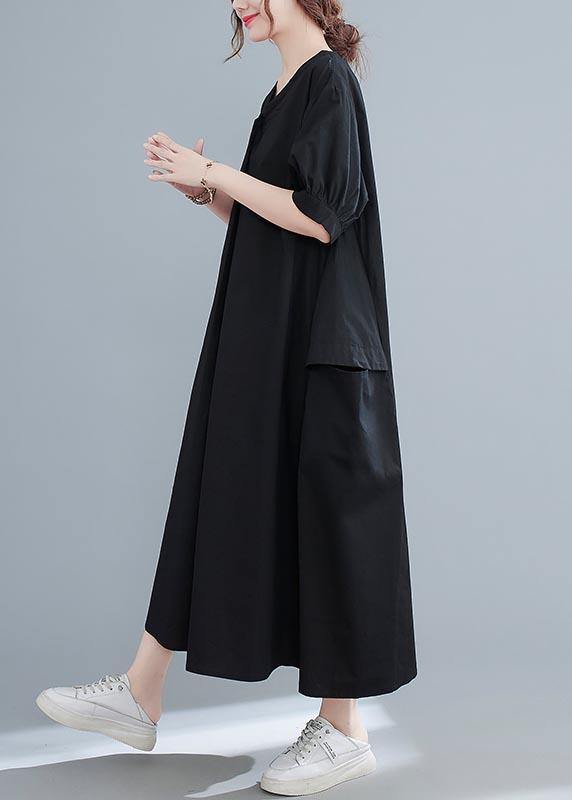 Classy Black V Neck Loose Mid Summer Cotton Dress - Omychic