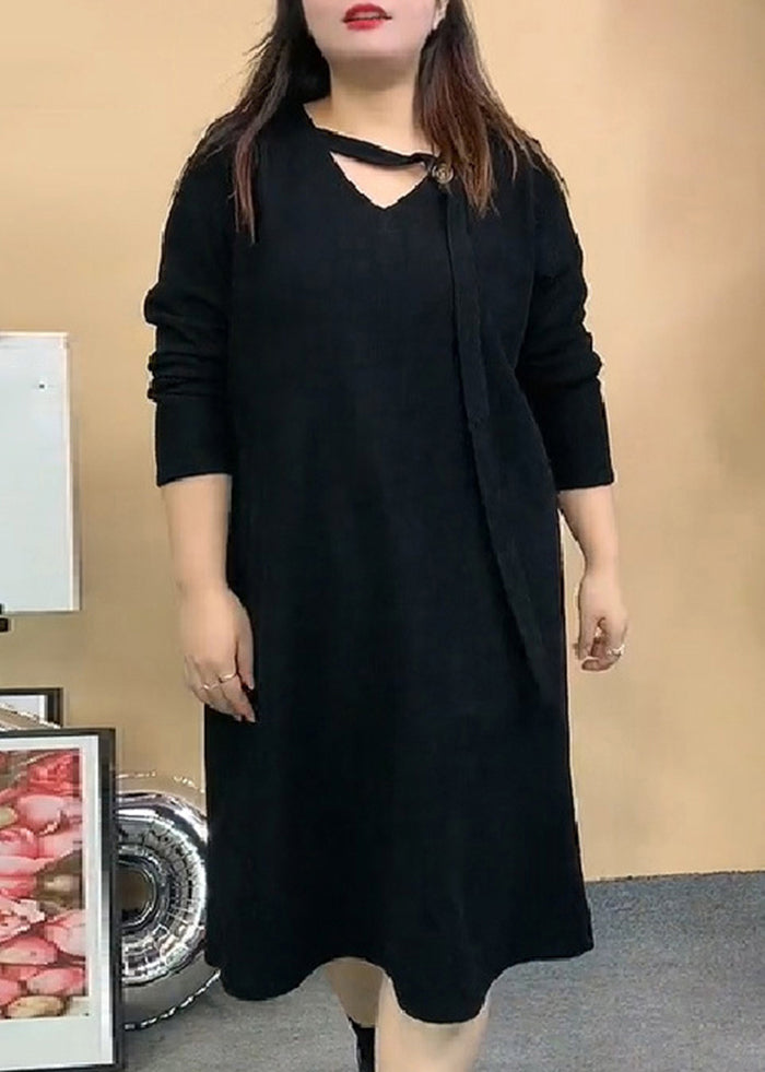 Classy Black V Neck Oversized Warm Fleece Dresses Fall