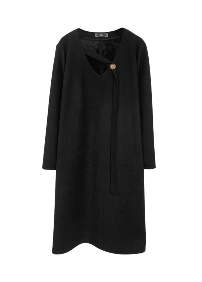 Classy Black V Neck Oversized Warm Fleece Dresses Fall