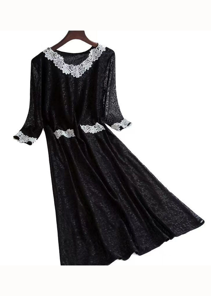 Classy Black V Neck Patchwork Lace Long Dresses Summer