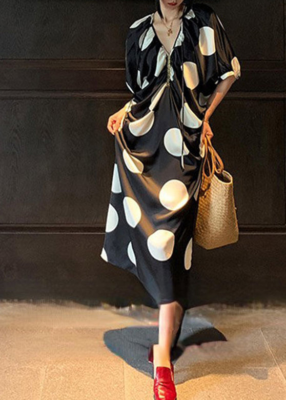 Classy Black V Neck Wrinkled Dot Maxi Dresses Batwing Sleeve