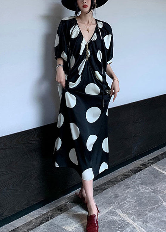 Classy Black V Neck Wrinkled Dot Maxi Dresses Batwing Sleeve