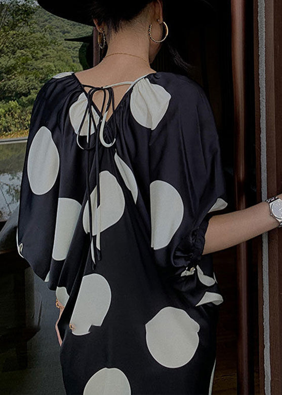 Classy Black V Neck Wrinkled Dot Maxi Dresses Batwing Sleeve