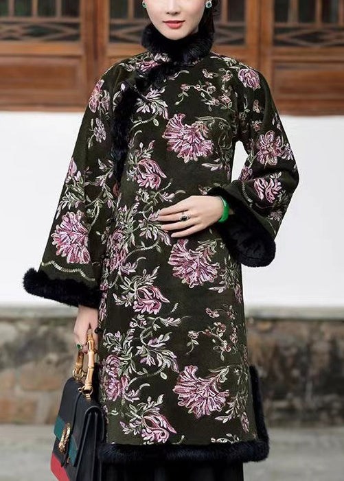Classy Blackish Green Fur Collar Embroideried Warm Fleece Dress Winter