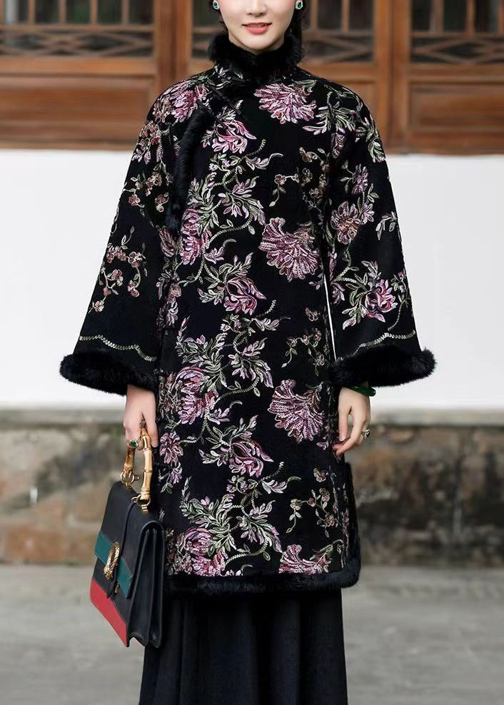 Classy Blackish Green Fur Collar Embroideried Warm Fleece Dress Winter