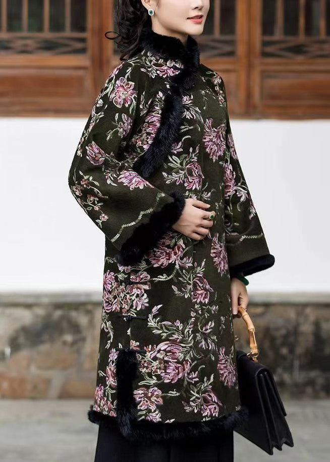 Classy Blackish Green Fur Collar Embroideried Warm Fleece Dress Winter