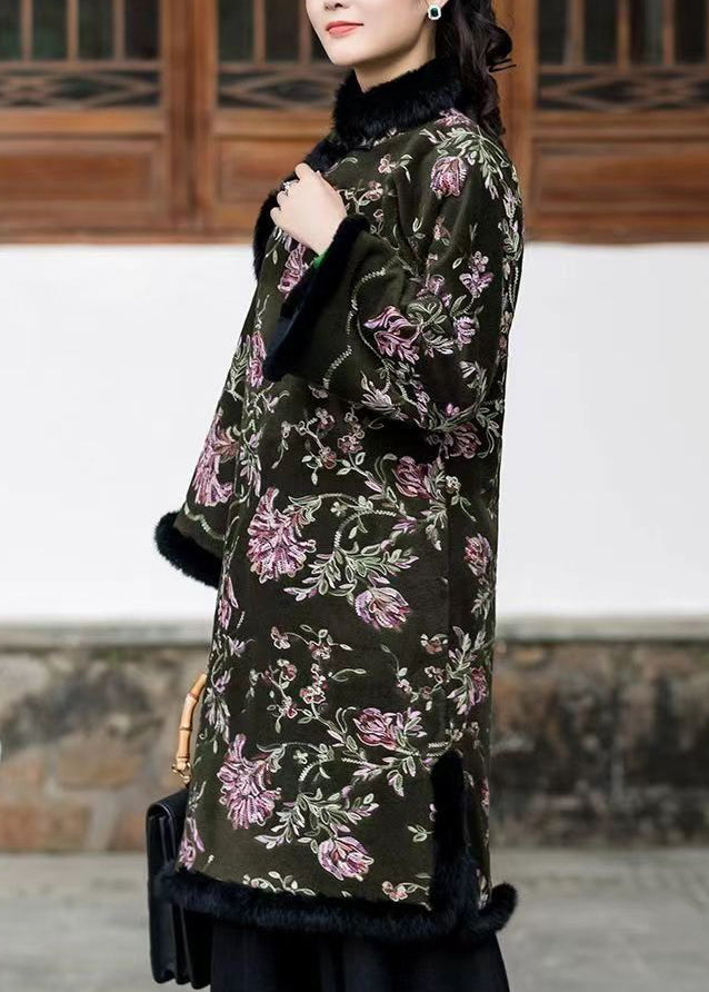 Classy Blackish Green Fur Collar Embroideried Warm Fleece Dress Winter