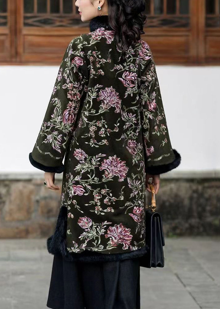 Classy Blackish Green Fur Collar Embroideried Warm Fleece Dress Winter