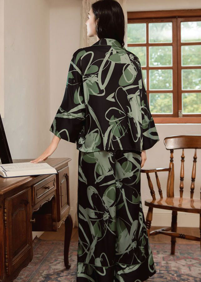 Classy Blackish Green Peter Pan Collar Print Ice Silk Pajamas Women Sets 2 Pieces Spring