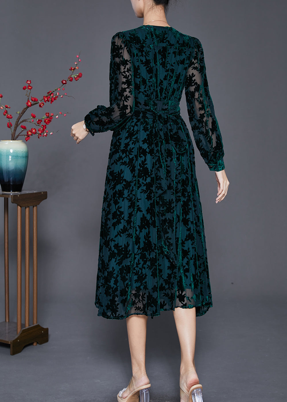 Classy Blackish Green V Neck Jacquard Silk Velour Vacation Dresses Fall