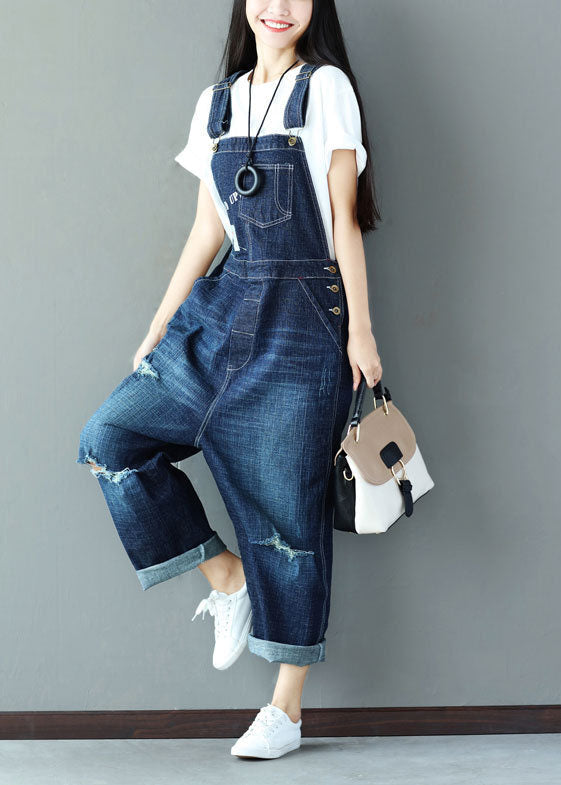 Classy Blue Applique Cotton Denim Jumpsuit Ripped Jeans Spring