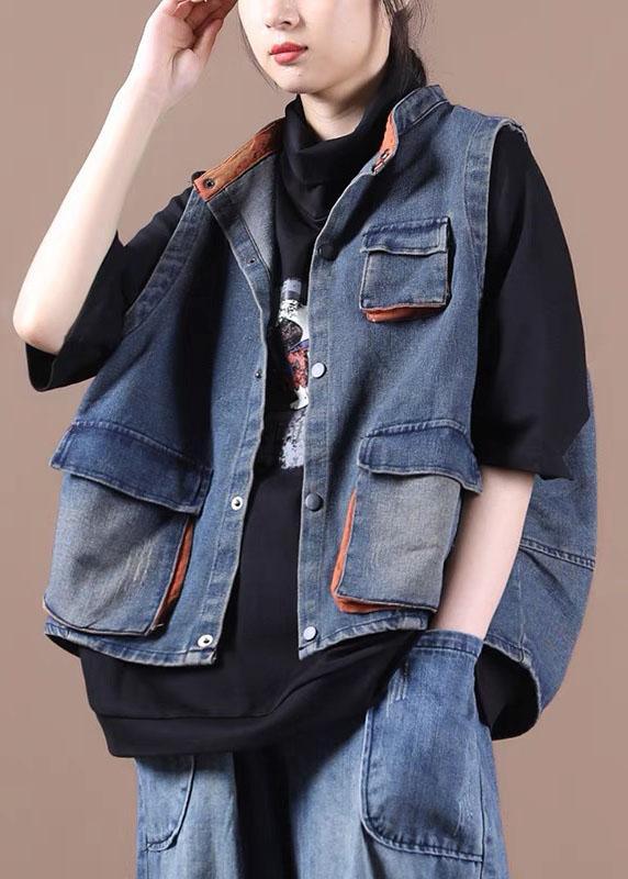 Classy Blue Button Pockets Patchwork Fall Denim Waistcoat - Omychic