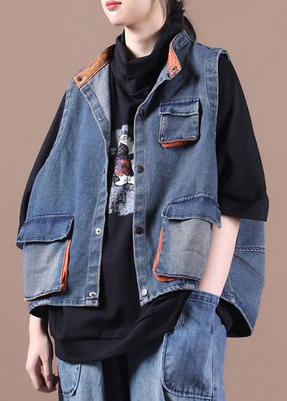 Classy Blue Button Pockets Patchwork Fall Denim Waistcoat - Omychic