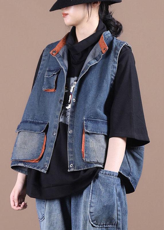 Classy Blue Button Pockets Patchwork Fall Denim Waistcoat - Omychic