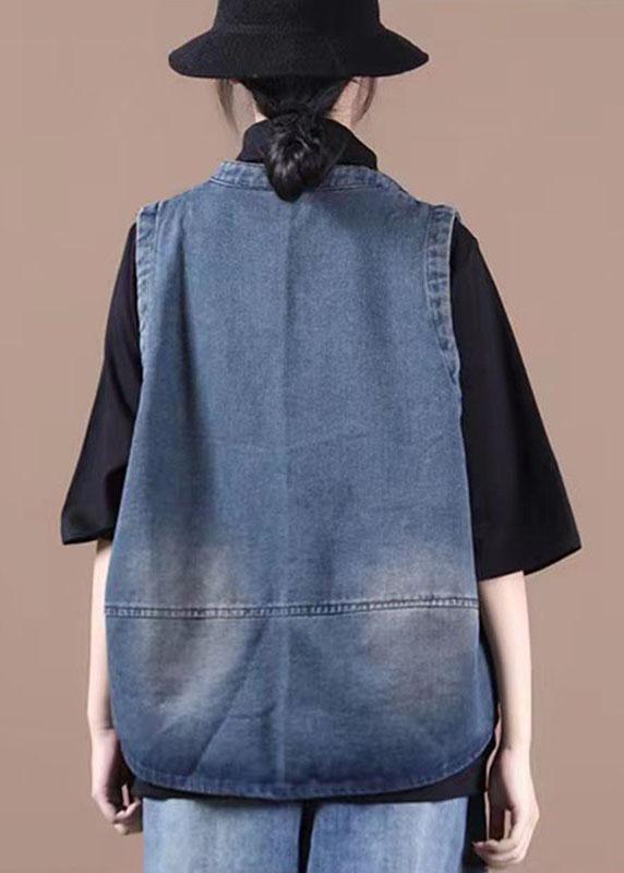 Classy Blue Button Pockets Patchwork Fall Denim Waistcoat - Omychic