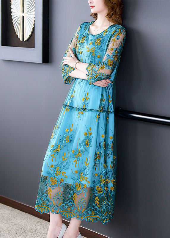 Classy Blue Embroideried Ruffled Tulle Long Dresses Bracelet Sleeve