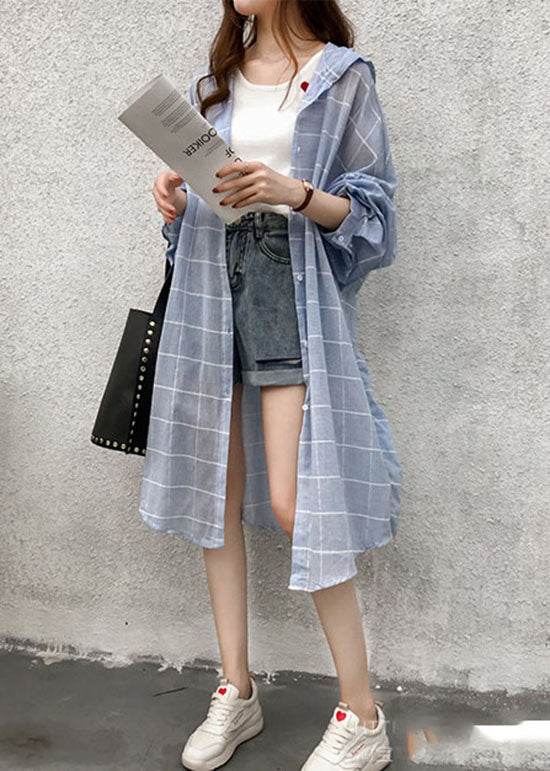 Classy Blue Hooded Plaid Cotton Trench Spring