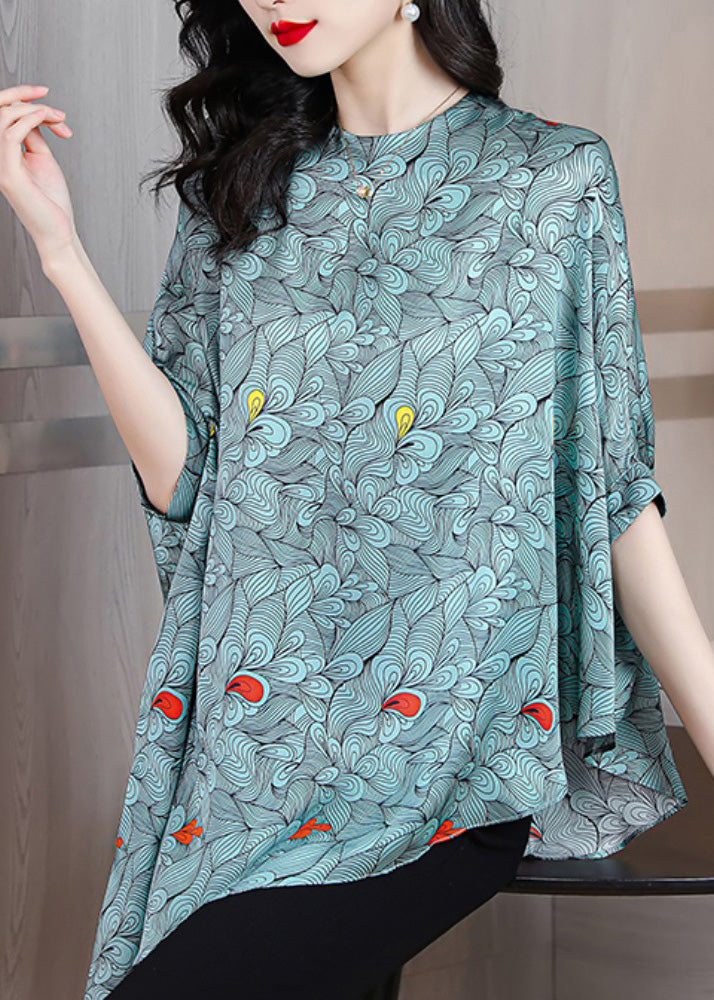 Classy Blue O-Neck Asymmetrical Print Silk Top Half Sleeve