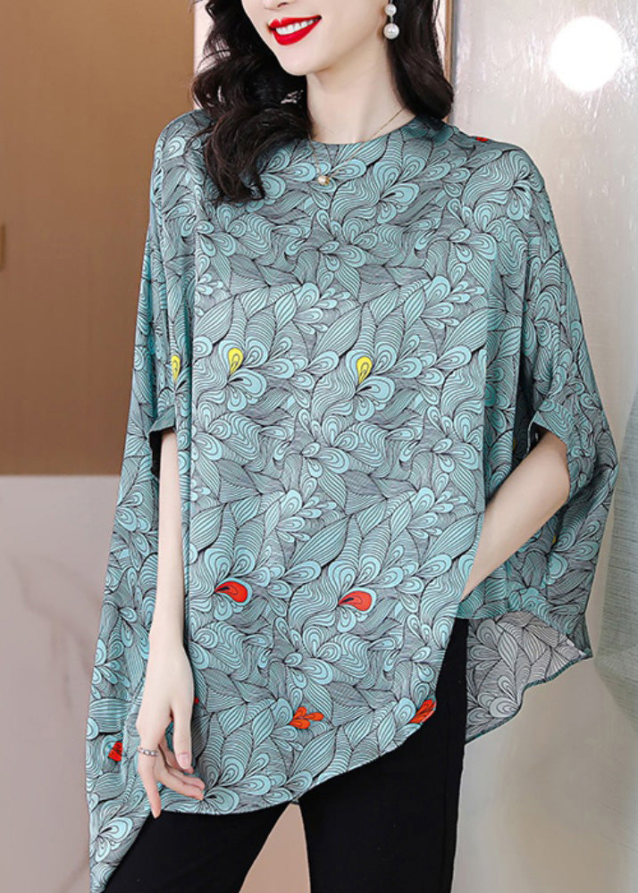 Classy Blue O-Neck Asymmetrical Print Silk Top Half Sleeve