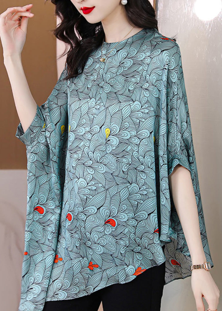 Classy Blue O-Neck Asymmetrical Print Silk Top Half Sleeve