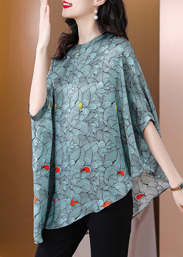 Classy Blue O-Neck Asymmetrical Print Silk Top Half Sleeve