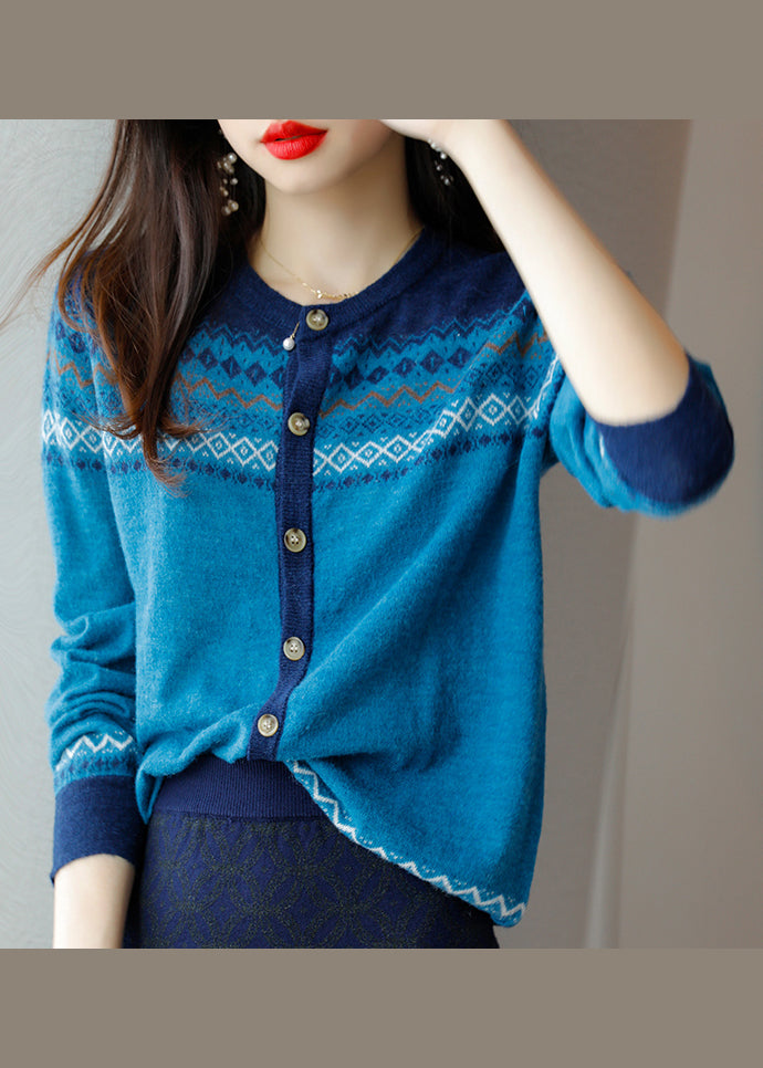 Classy Blue O Neck Print Button Woolen Knitted Cardigan Fall