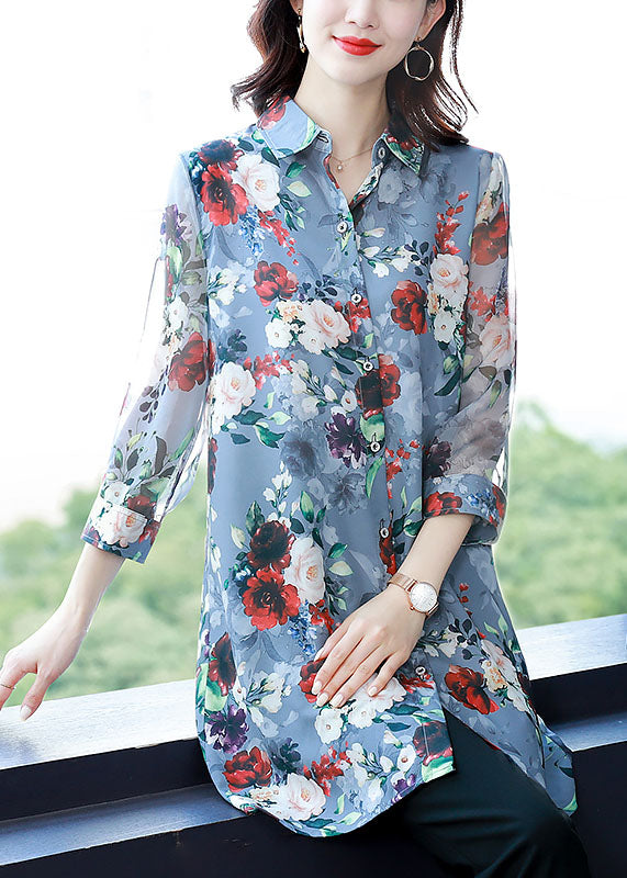 Classy Blue Peter Pan Collar Floral Print Chiffon Long Shirt Bracelet Sleeve