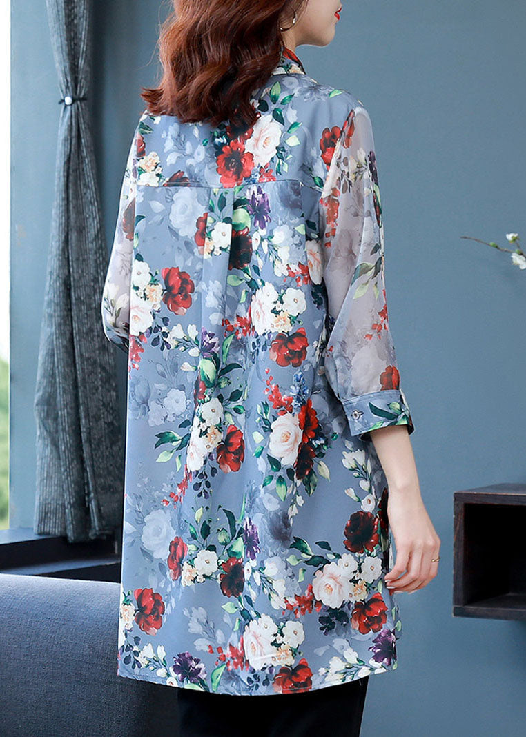 Classy Blue Peter Pan Collar Floral Print Chiffon Long Shirt Bracelet Sleeve