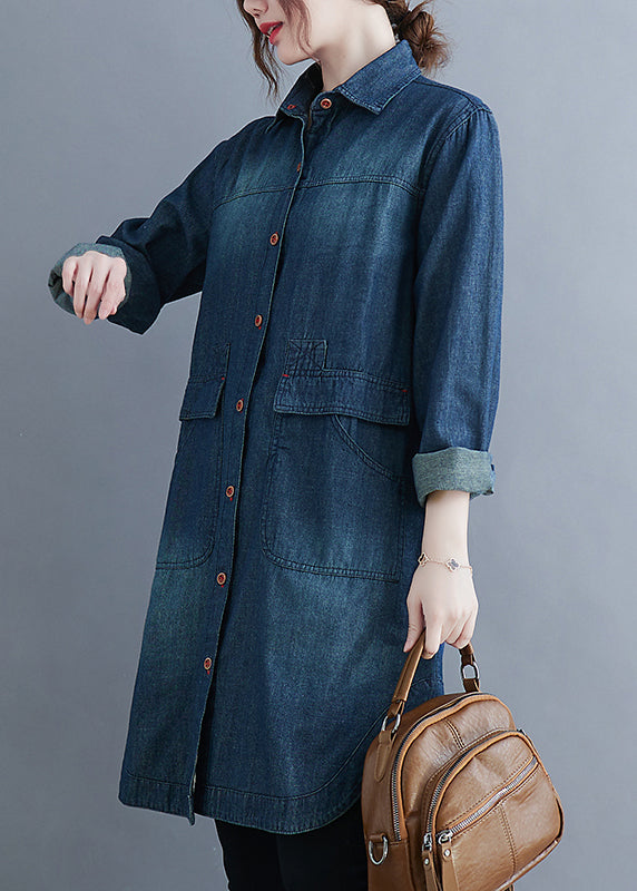 Classy Blue Peter Pan Collar Pockets Denim Coats Long Sleeve